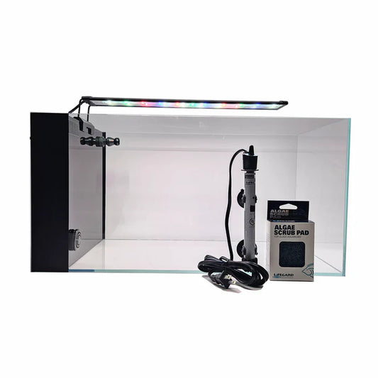Lifegard 7.43 Gallon CRYSTAL Penensula Beveled Edge Low Iron Aquarium with Built in Side Filter 5mm - Kit Includes Full Spectrum LED Light, Mounting Bracket, Heater, Algae Scrub Pad