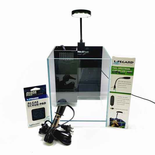 Lifegard 1.2 Gallon CRYSTAL Beveled Edge Low Iron Elevated Aquarium with Built-in Corner Filter 5mm - Kit Includes Full Spectrum LED Light, Mounting Bracket, Heater, Algae Scrub Pad