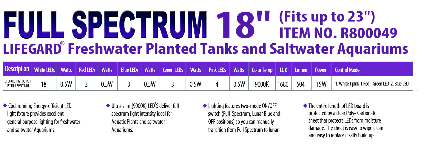 Lifegard FULL SPECTRUM 18" LED Light Lumens: 504 Lux: 1680 Watts: 15